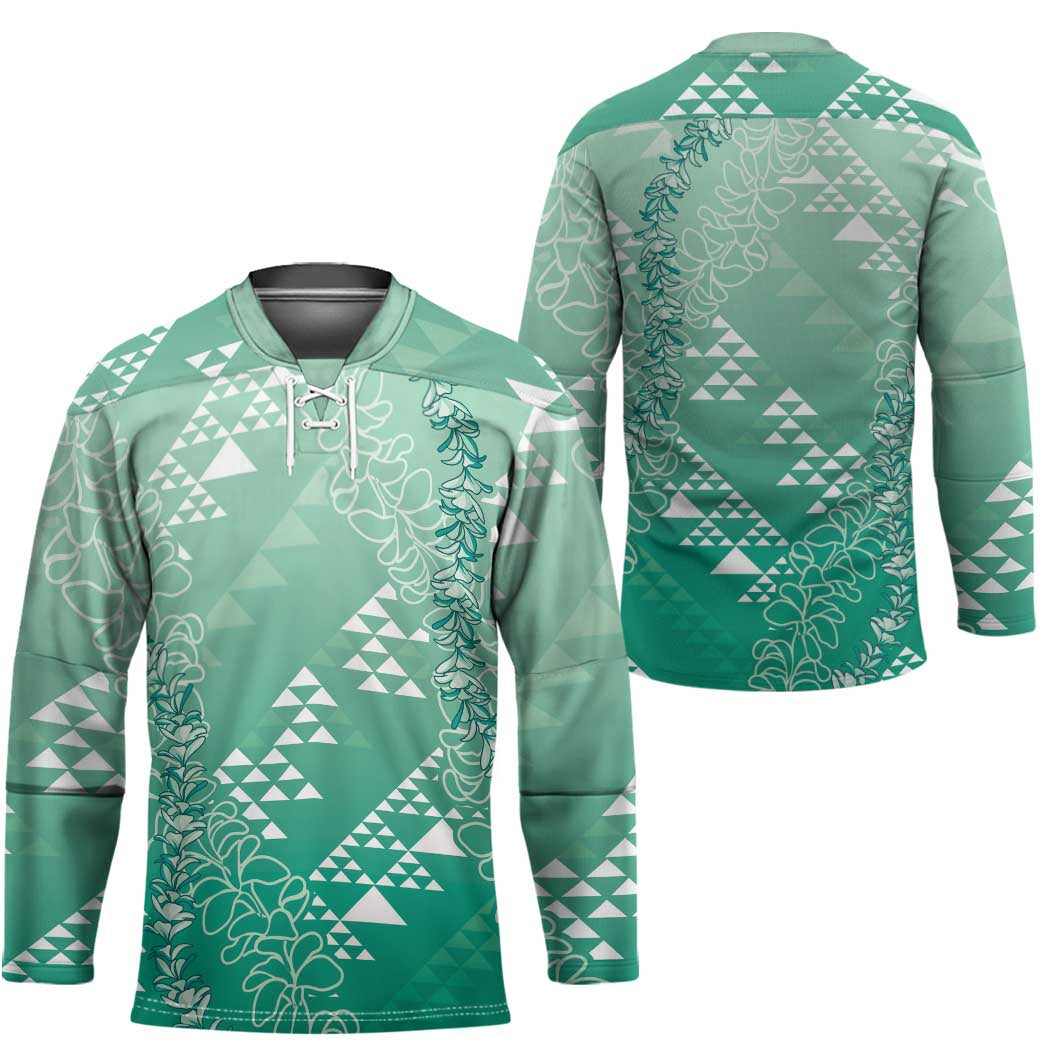 Hawaii Jade Green Kapa Hockey Jersey Vintage 'Ohe Kāpala Motifs Mix Plumeria Leis LT7
