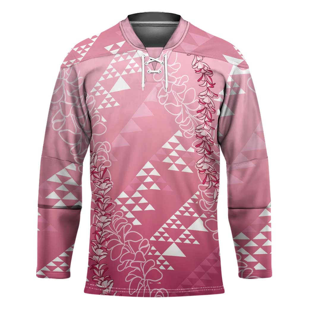 Hawaii Rose Pink Kapa Hockey Jersey Vintage 'Ohe Kāpala Motifs Mix Plumeria Leis LT7