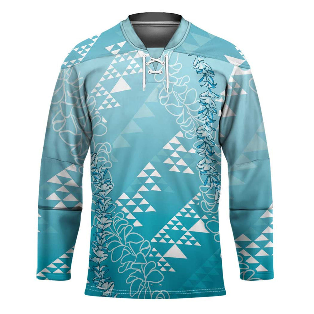 Hawaii Turquoise Kapa Hockey Jersey Vintage 'Ohe Kāpala Motifs Mix Plumeria Leis LT7