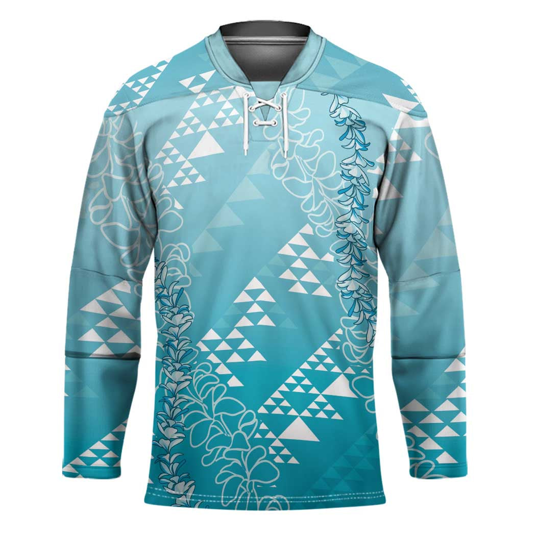 Hawaii Turquoise Kapa Hockey Jersey Vintage 'Ohe Kāpala Motifs Mix Plumeria Leis LT7