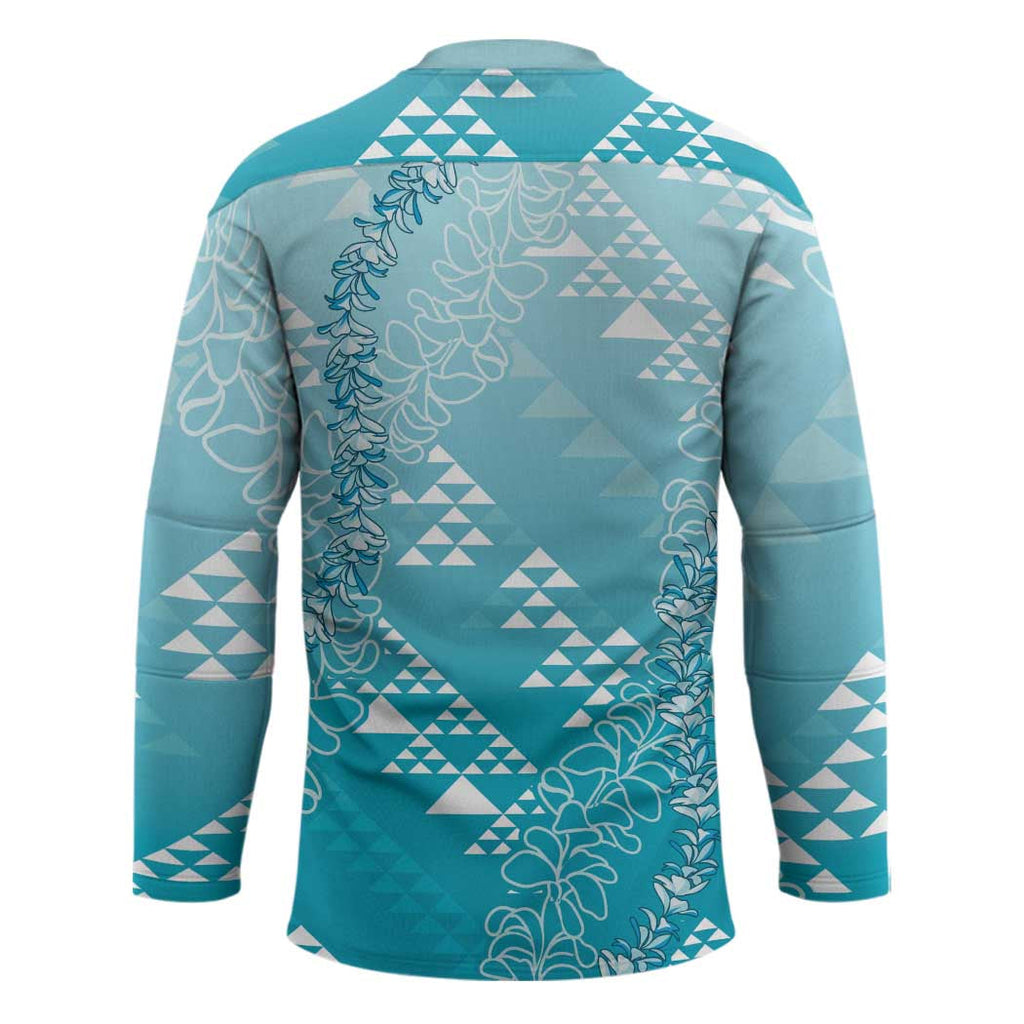 Hawaii Turquoise Kapa Hockey Jersey Vintage 'Ohe Kāpala Motifs Mix Plumeria Leis LT7
