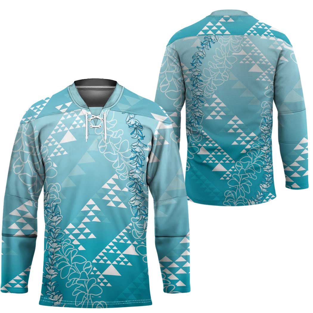 Hawaii Turquoise Kapa Hockey Jersey Vintage 'Ohe Kāpala Motifs Mix Plumeria Leis LT7