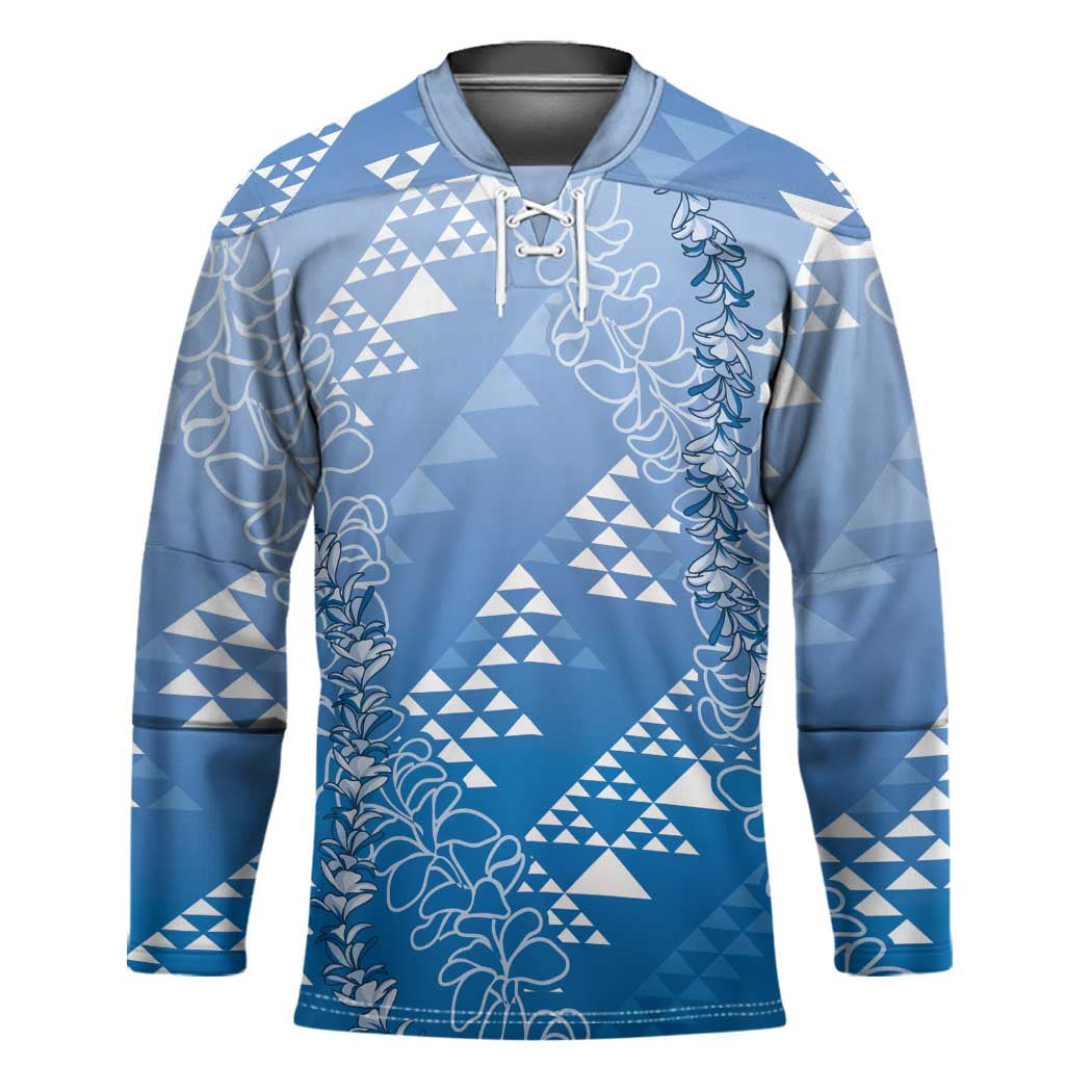 Hawaii Royal Blue Kapa Hockey Jersey Vintage 'Ohe Kāpala Motifs Mix Plumeria Leis LT7