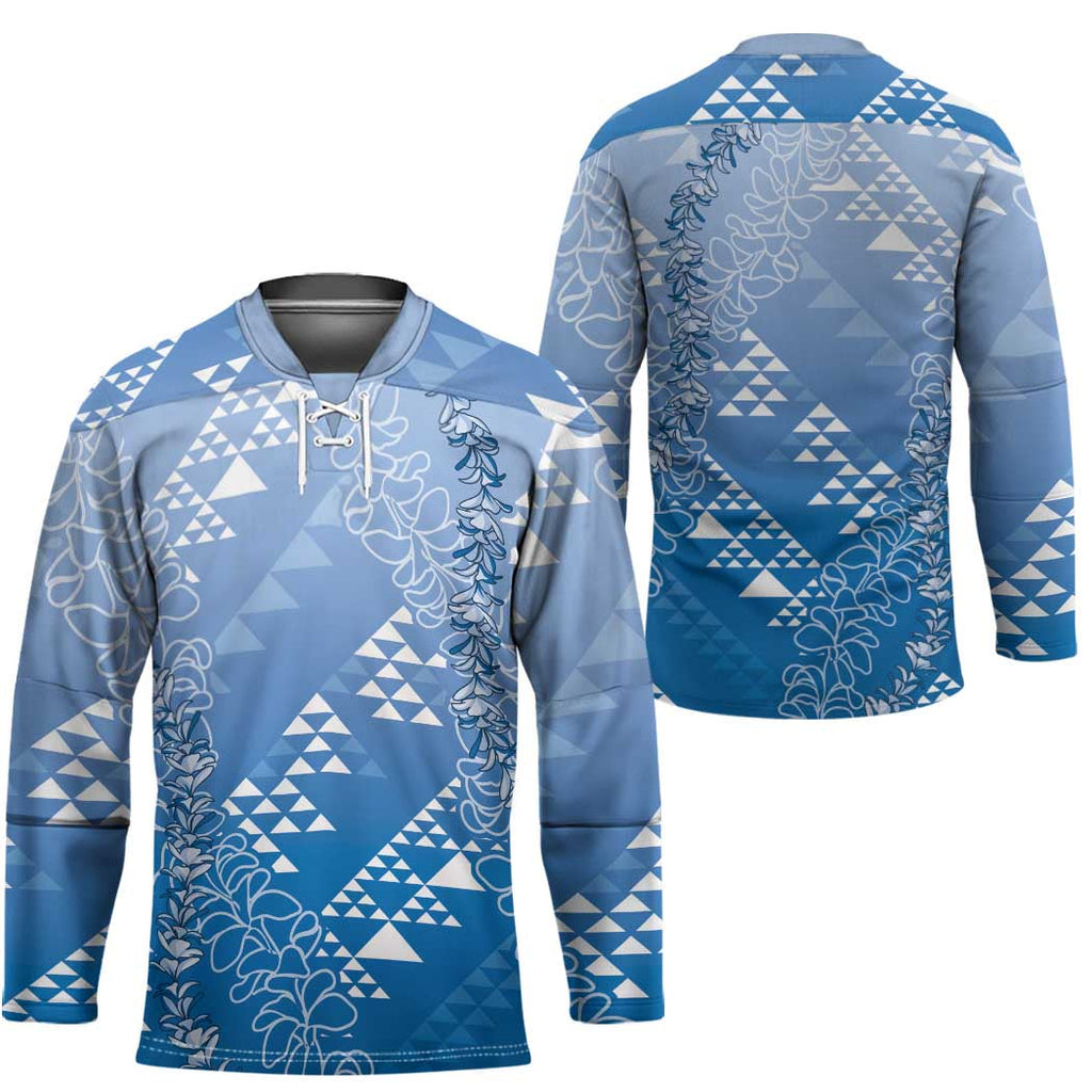 Hawaii Royal Blue Kapa Hockey Jersey Vintage 'Ohe Kāpala Motifs Mix Plumeria Leis LT7