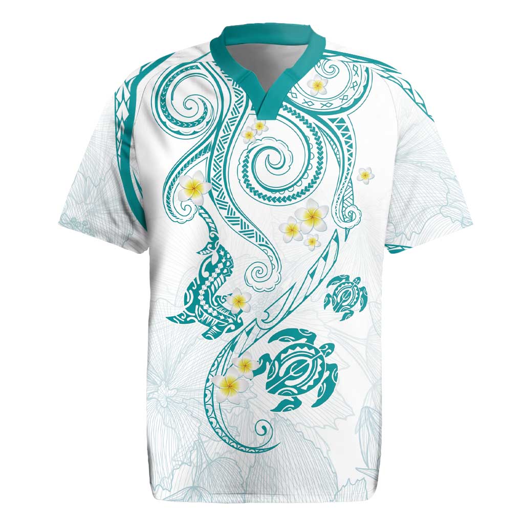 Polynesia Tribal Rugby Jersey Teal Plumeria Tentacles LT7