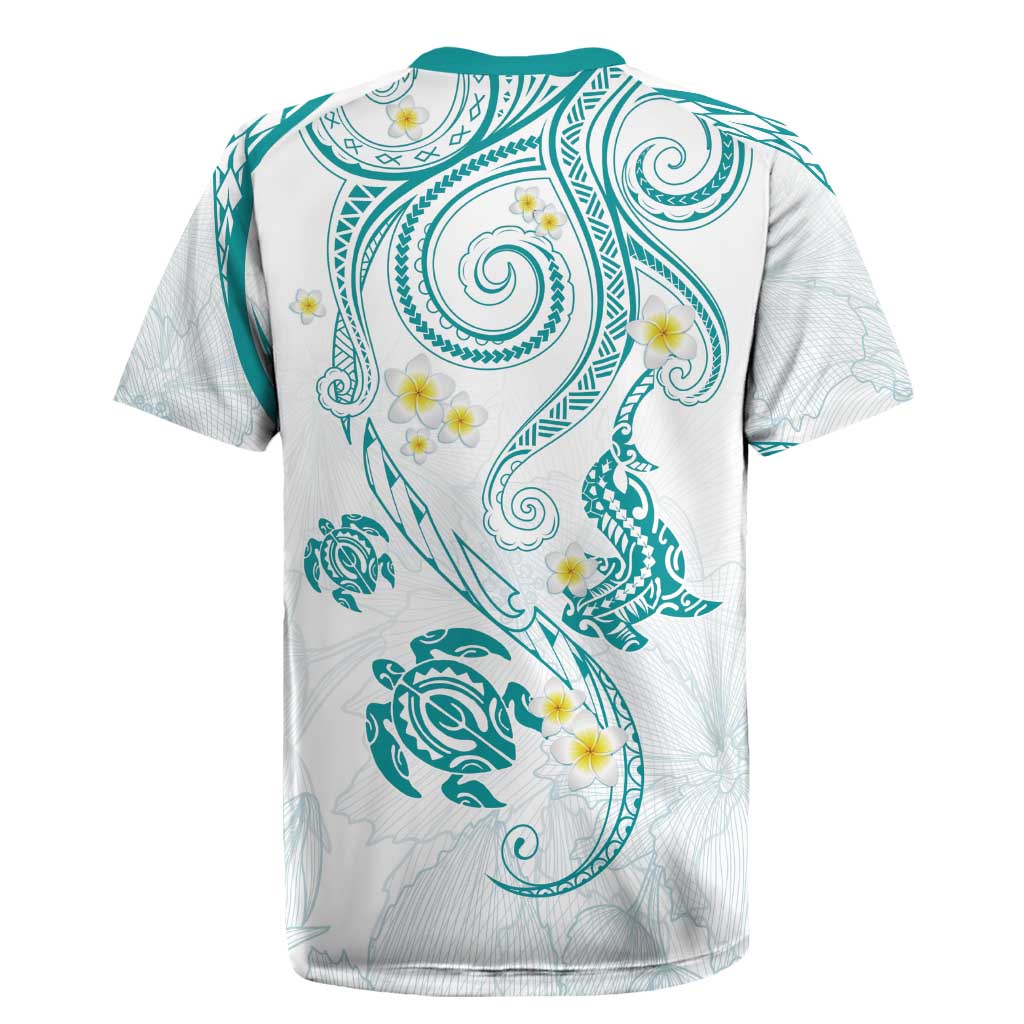 Polynesia Tribal Rugby Jersey Teal Plumeria Tentacles LT7
