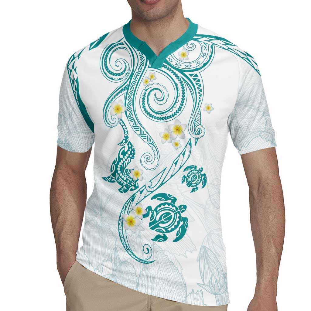 Polynesia Tribal Rugby Jersey Teal Plumeria Tentacles LT7
