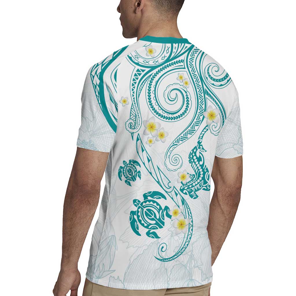 Polynesia Tribal Rugby Jersey Teal Plumeria Tentacles LT7