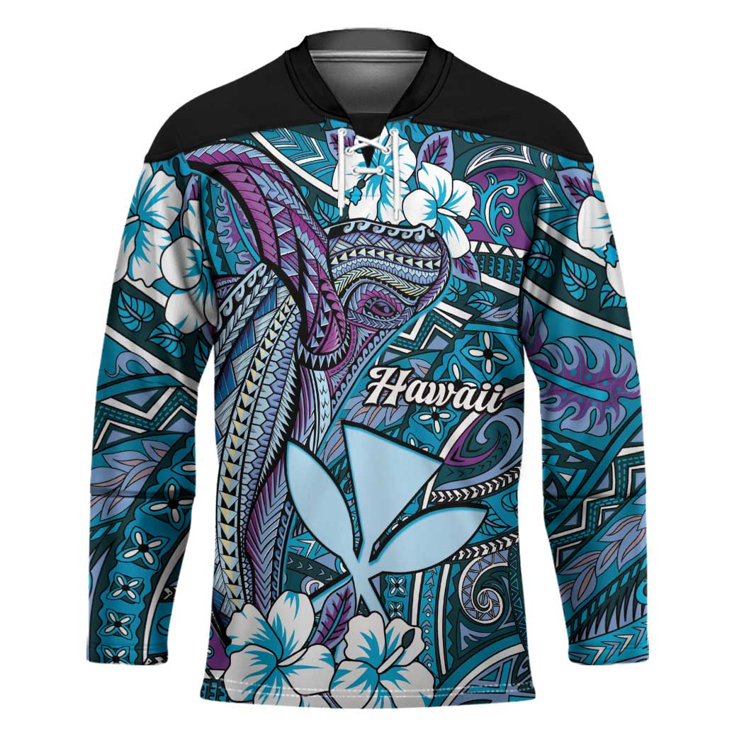 Personalised Hawaii Tribal Humpback Whale Hockey Jersey Polu Hibiscus Seamless Pattern LT9