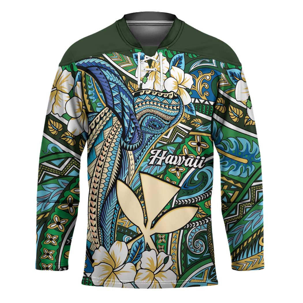 Personalised Hawaii Tribal Humpback Whale Hockey Jersey Omaomao Hibiscus Seamless Pattern LT9