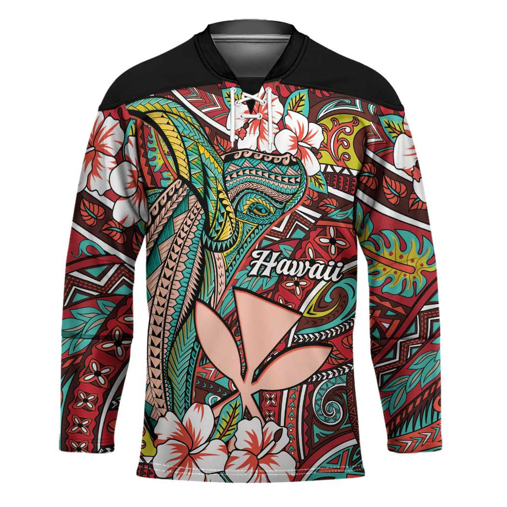 Personalised Hawaii Tribal Humpback Whale Hockey Jersey Ulaula Hibiscus Seamless Pattern LT9