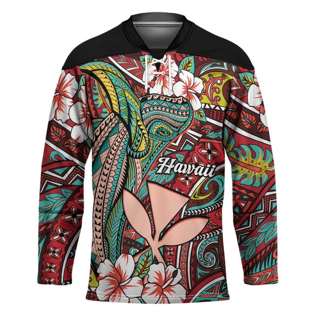 Personalised Hawaii Tribal Humpback Whale Hockey Jersey Ulaula Hibiscus Seamless Pattern LT9