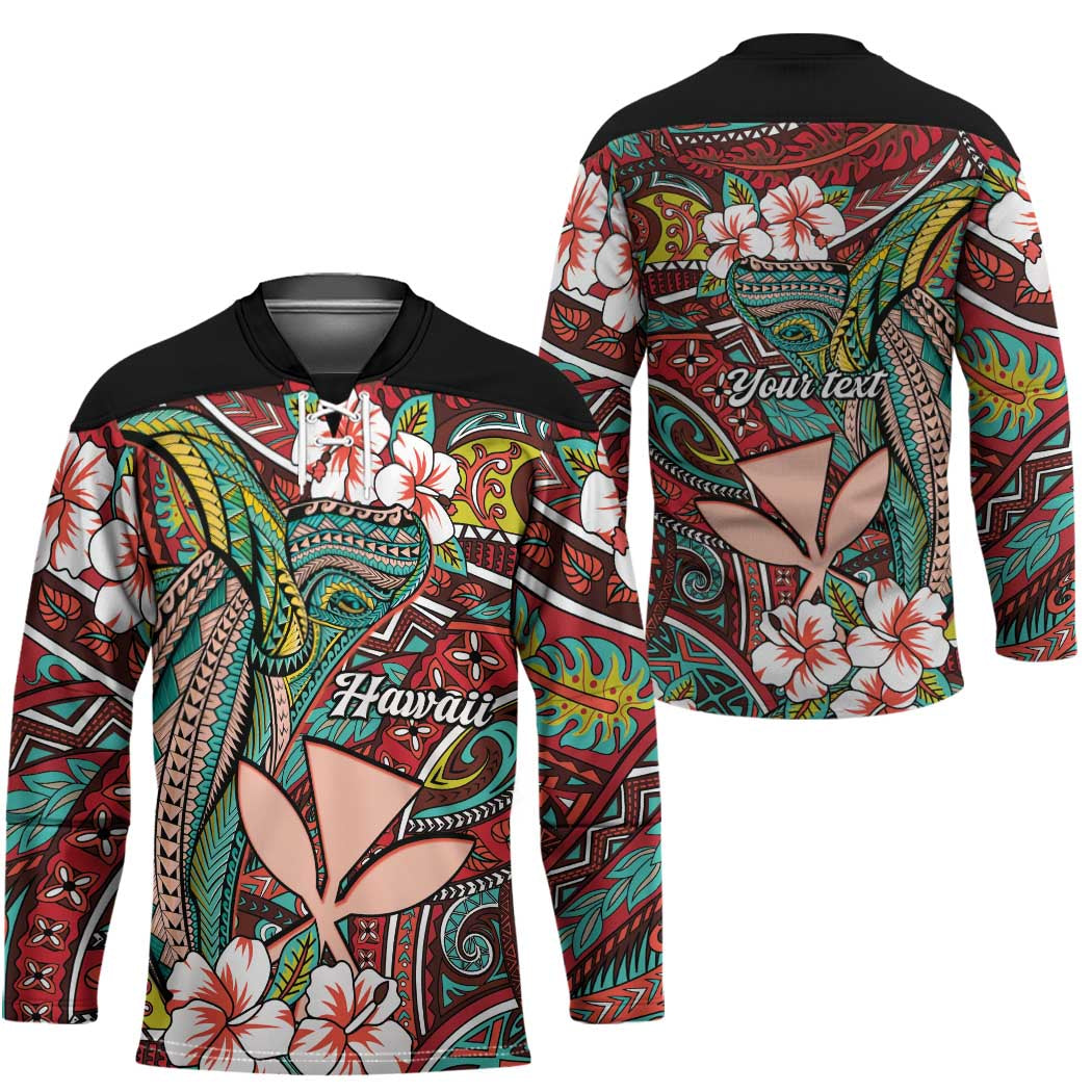 Personalised Hawaii Tribal Humpback Whale Hockey Jersey Ulaula Hibiscus Seamless Pattern LT9