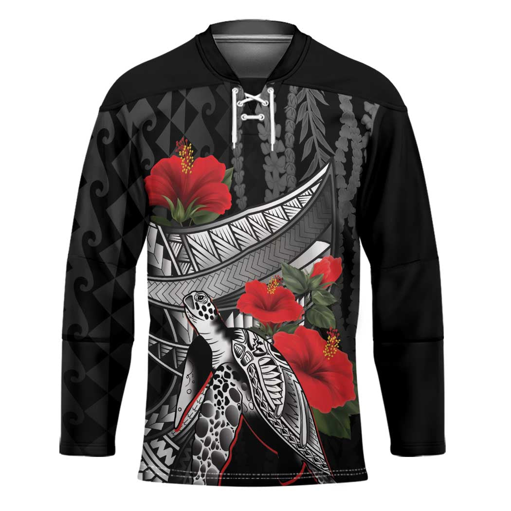 Hawaiian Honu Personalized Hockey Jersey Black Tribal Hook Pattern LT9