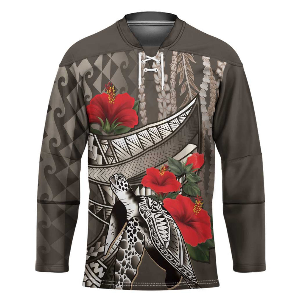 Hawaiian Honu Personalized Hockey Jersey Mocha Mousse Hibiscus Tribal Hook Pattern LT9