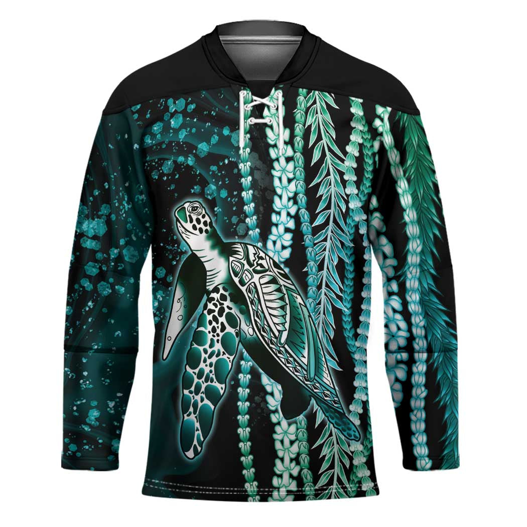 Hawaiian Honu Personalized Hockey Jersey Dark Cyan Maile Pikake Flower Lei Inspired LT9