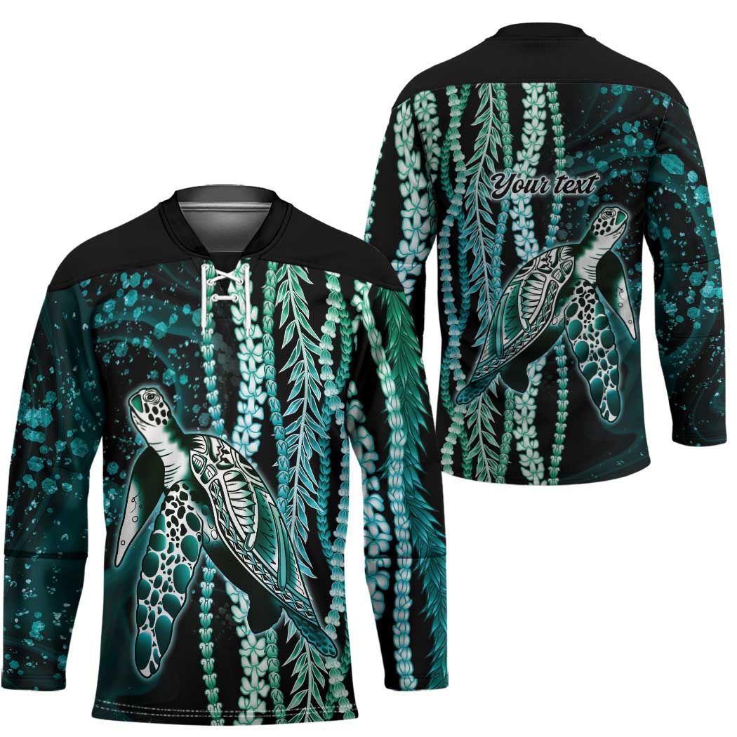 Hawaiian Honu Personalized Hockey Jersey Dark Cyan Maile Pikake Flower Lei Inspired LT9