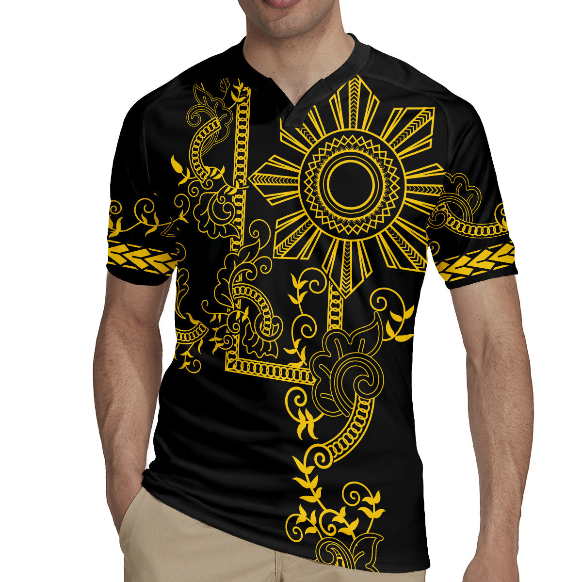 Filipino Sun Tribal Tattoo Rugby Jersey Philippines Inspired Barong Simple Gold LT9