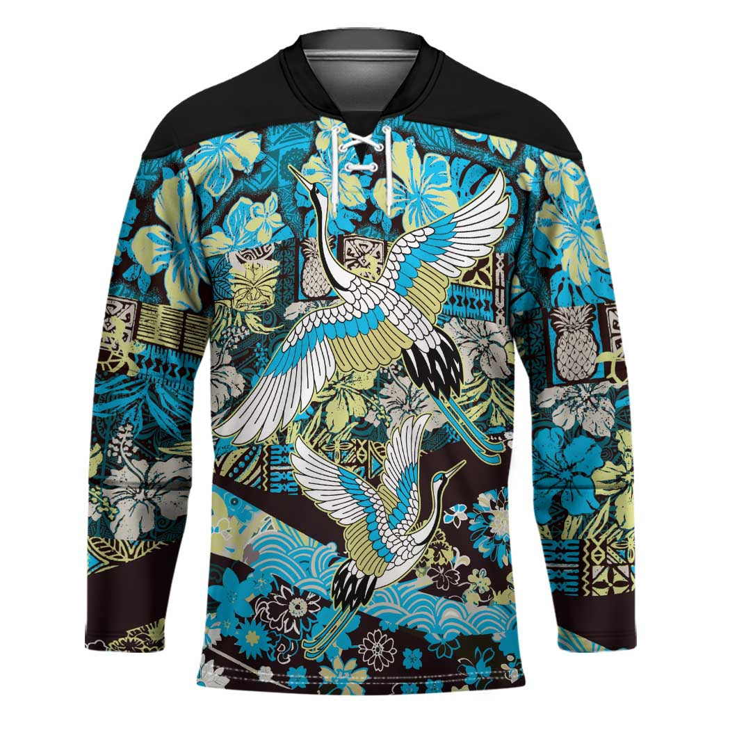 Japanese Hawaiian Crane Hockey Jersey Blue Tapa Patchwork Pattern LT9