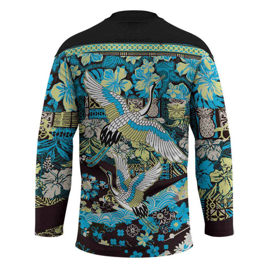 Japanese Hawaiian Crane Hockey Jersey Blue Tapa Patchwork Pattern LT9
