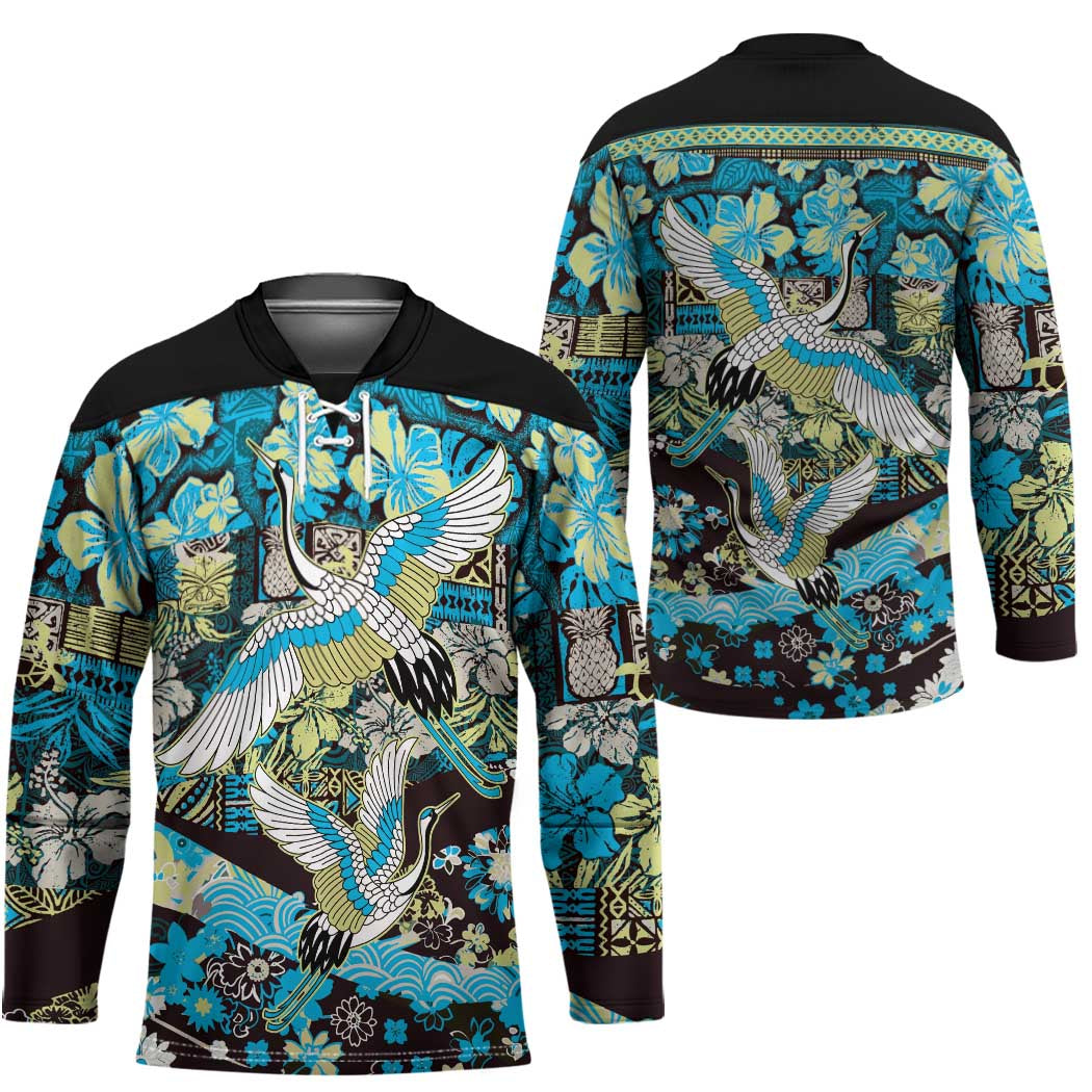 Japanese Hawaiian Crane Hockey Jersey Blue Tapa Patchwork Pattern LT9