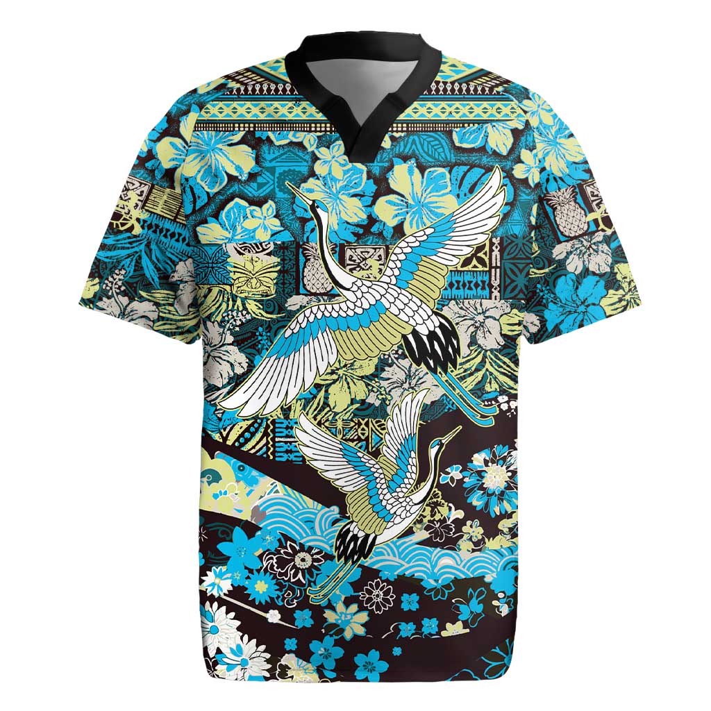 Japanese Hawaiian Crane Rugby Jersey Blue Tapa Patchwork Pattern LT9
