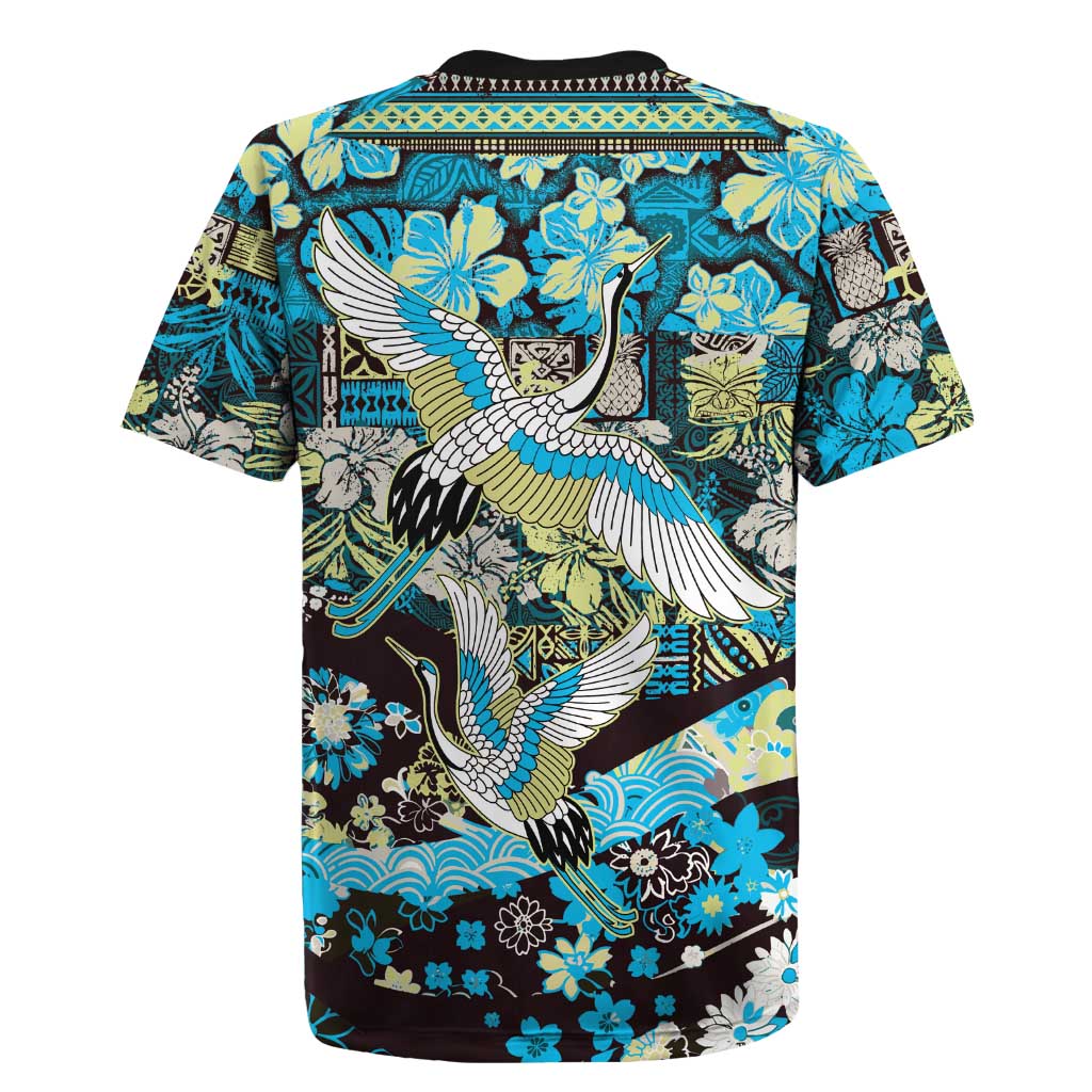 Japanese Hawaiian Crane Rugby Jersey Blue Tapa Patchwork Pattern LT9