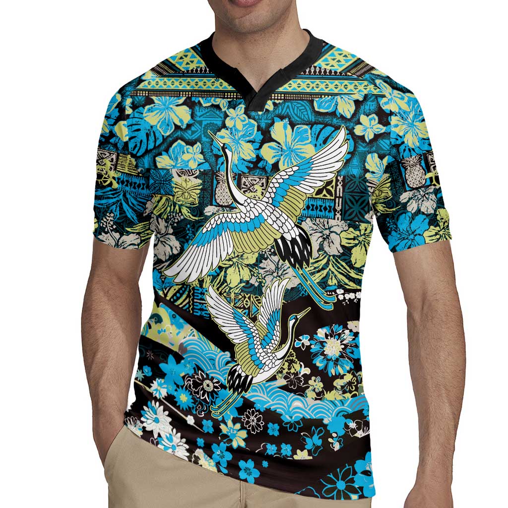 Japanese Hawaiian Crane Rugby Jersey Blue Tapa Patchwork Pattern LT9