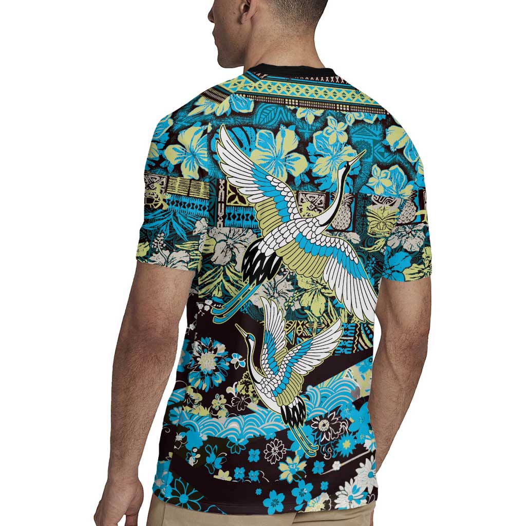 Japanese Hawaiian Crane Rugby Jersey Blue Tapa Patchwork Pattern LT9