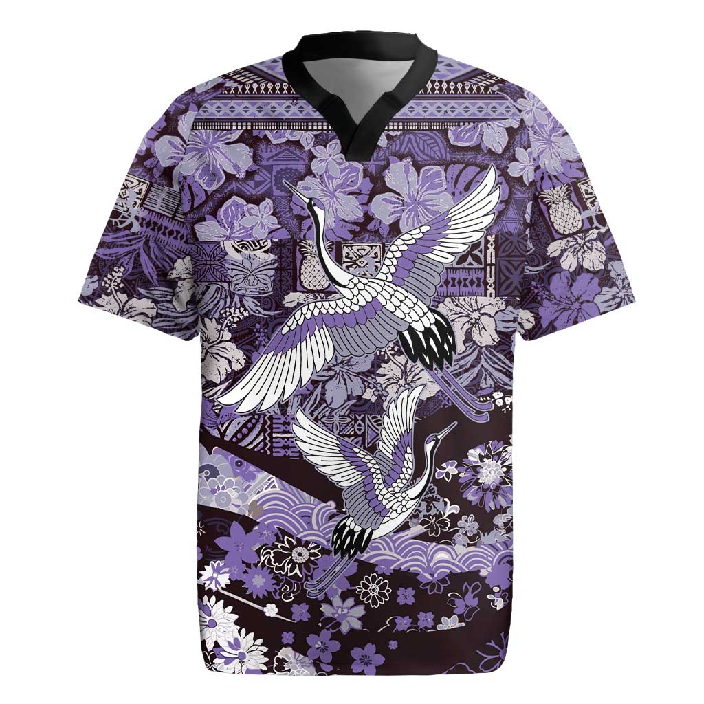 Japanese Hawaiian Crane Rugby Jersey Purple Tapa Patchwork Pattern LT9