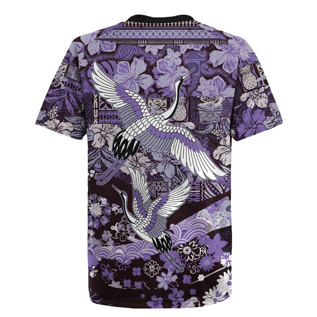 Japanese Hawaiian Crane Rugby Jersey Purple Tapa Patchwork Pattern LT9
