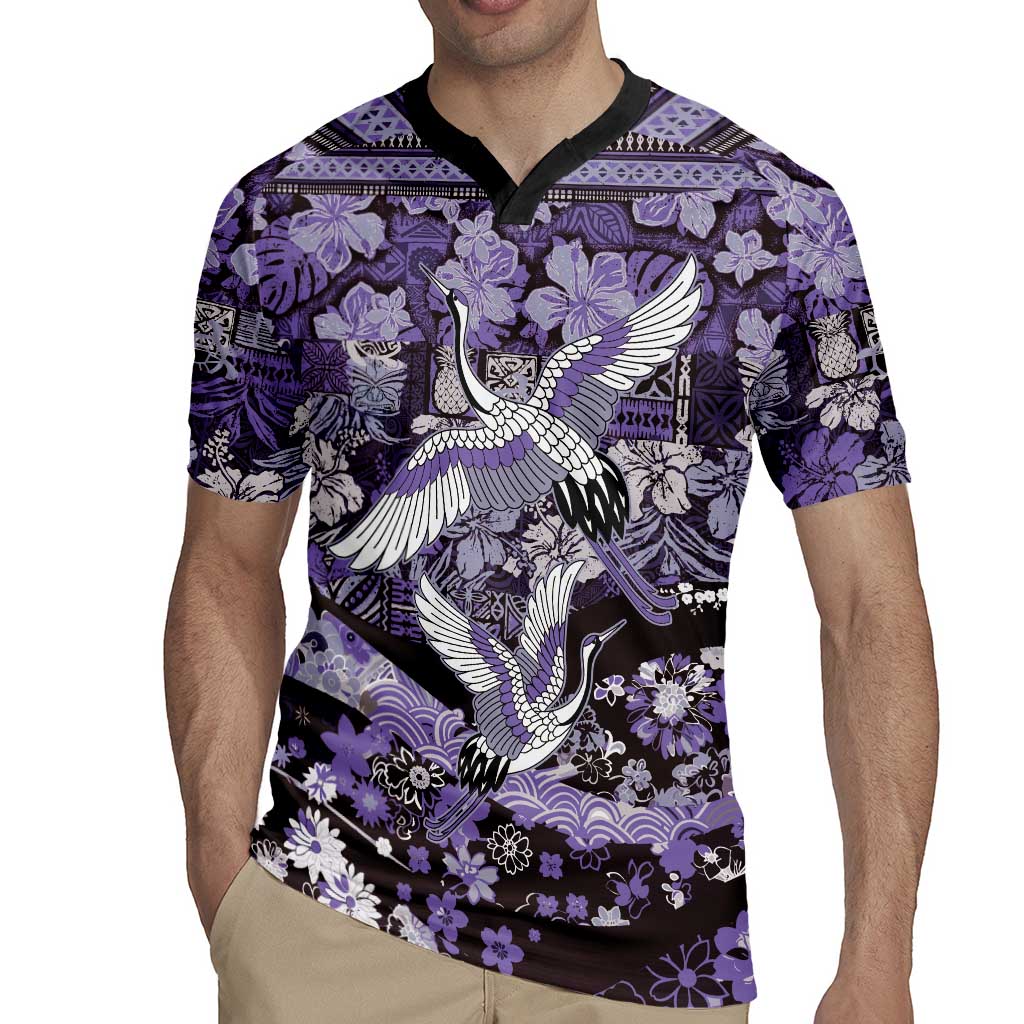 Japanese Hawaiian Crane Rugby Jersey Purple Tapa Patchwork Pattern LT9