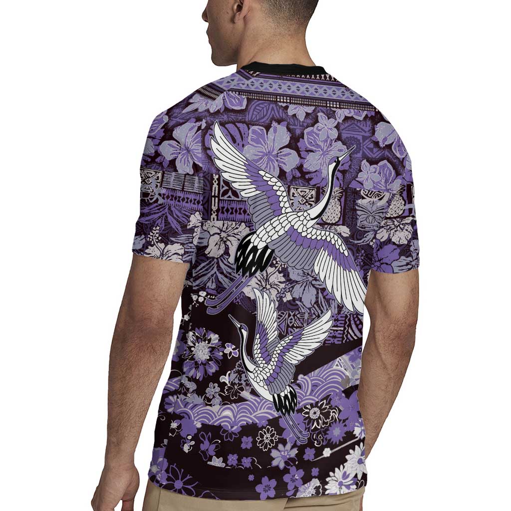 Japanese Hawaiian Crane Rugby Jersey Purple Tapa Patchwork Pattern LT9
