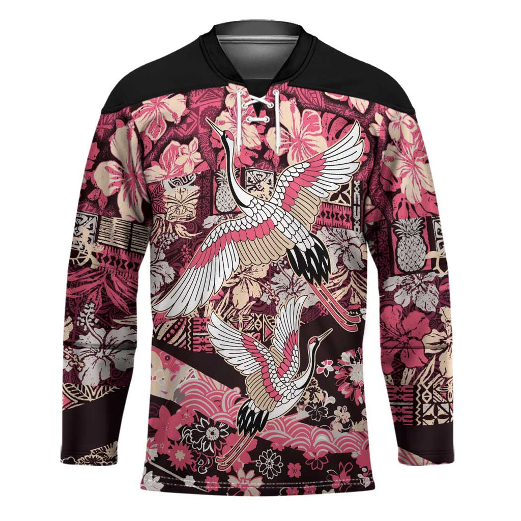 Japanese Hawaiian Crane Hockey Jersey Soft Pink Tapa Patchwork Pattern LT9