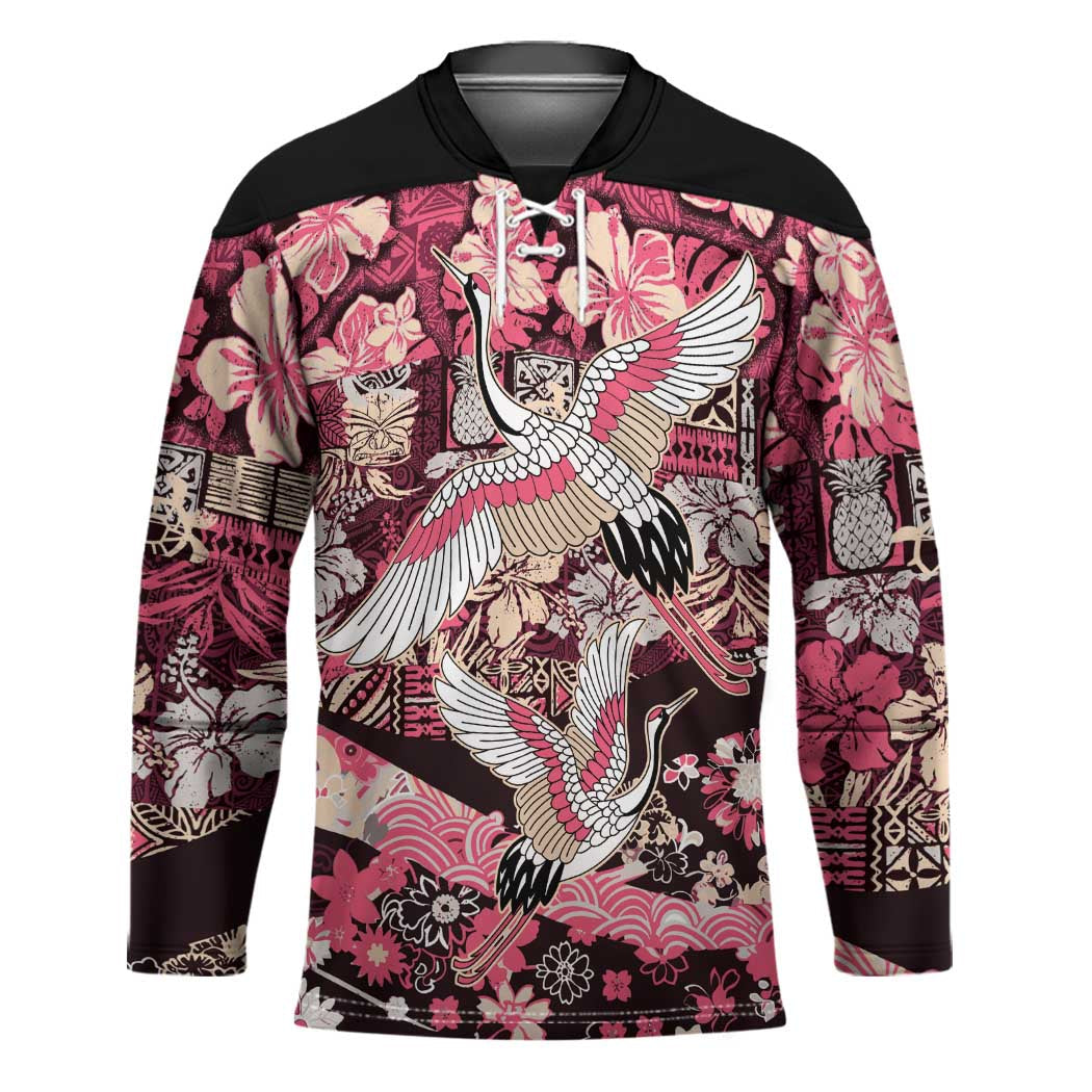 Japanese Hawaiian Crane Hockey Jersey Soft Pink Tapa Patchwork Pattern LT9