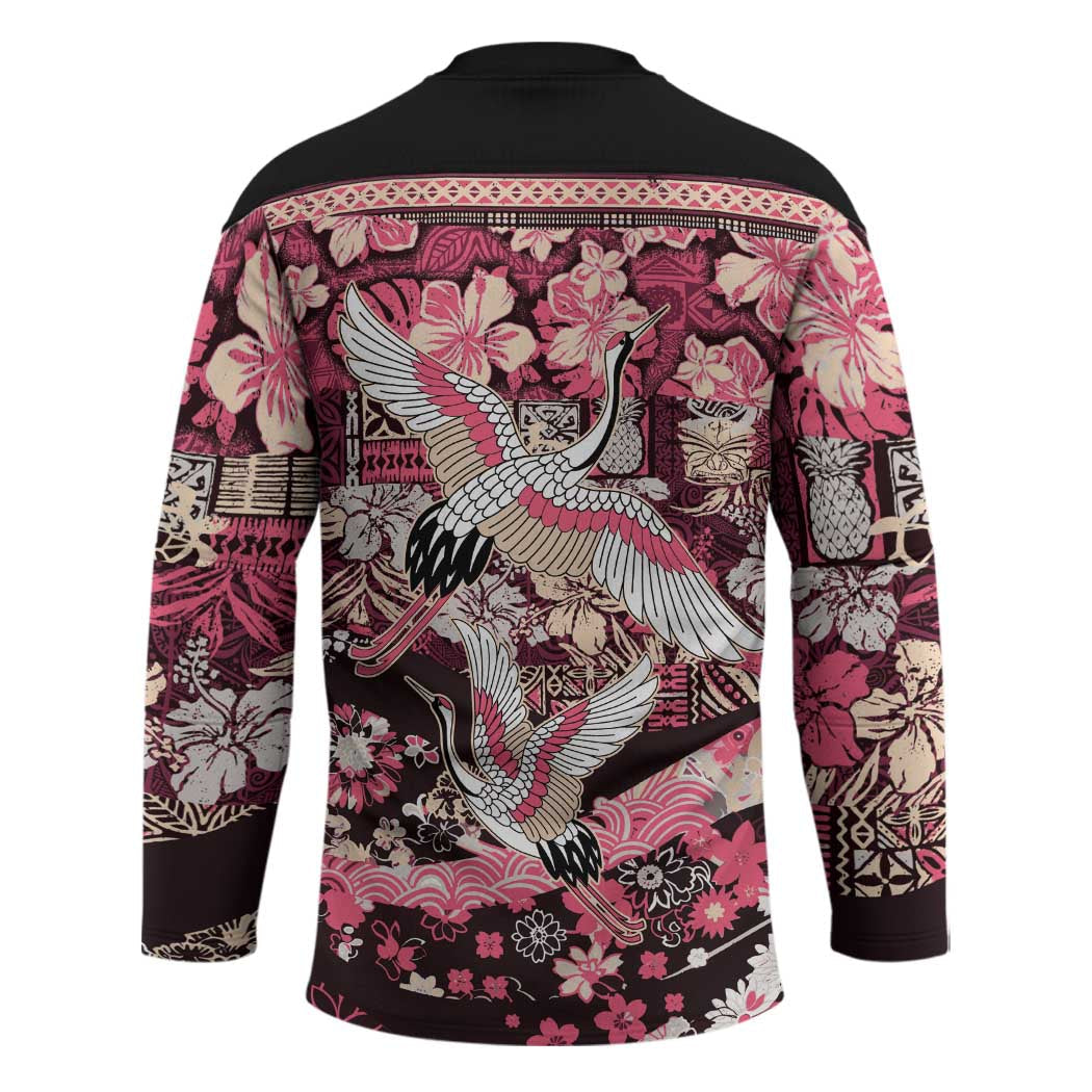 Japanese Hawaiian Crane Hockey Jersey Soft Pink Tapa Patchwork Pattern LT9