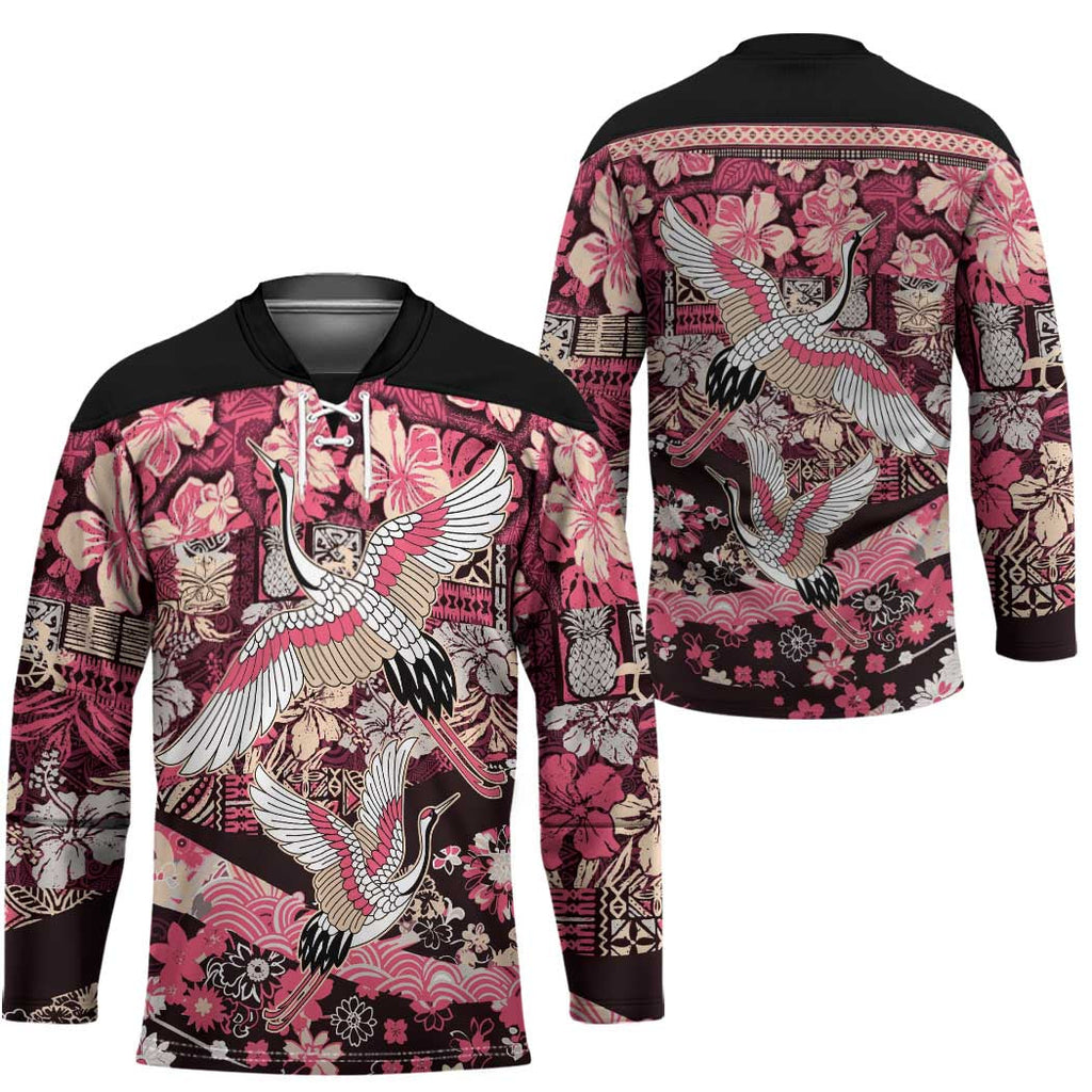 Japanese Hawaiian Crane Hockey Jersey Soft Pink Tapa Patchwork Pattern LT9