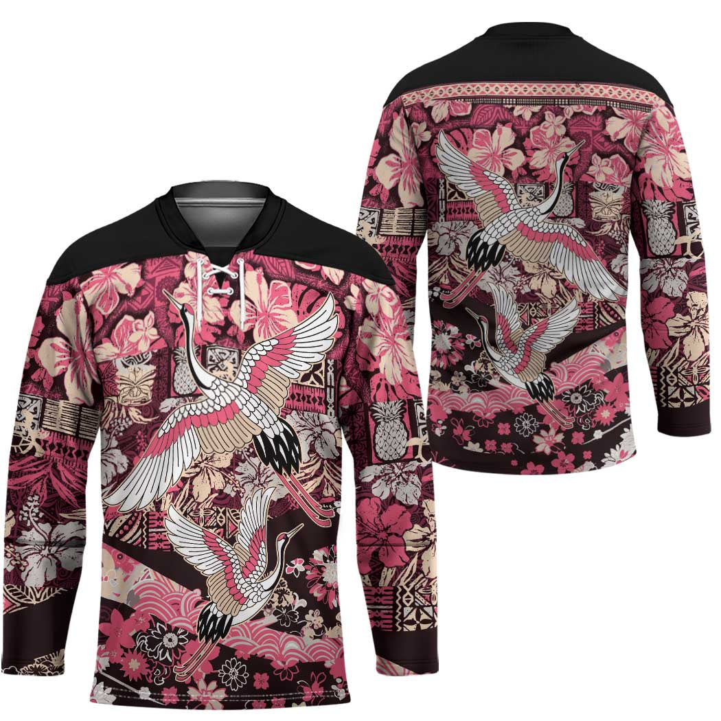 Japanese Hawaiian Crane Hockey Jersey Soft Pink Tapa Patchwork Pattern LT9