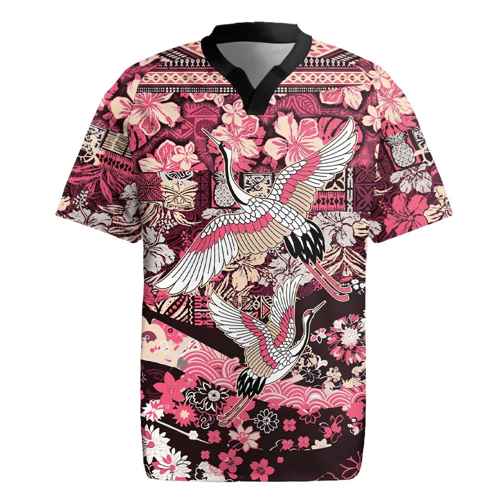 Japanese Hawaiian Crane Rugby Jersey Soft Pink Tapa Patchwork Pattern LT9