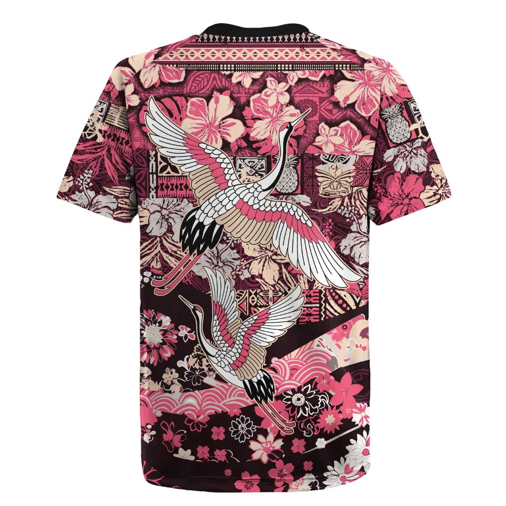 Japanese Hawaiian Crane Rugby Jersey Soft Pink Tapa Patchwork Pattern LT9