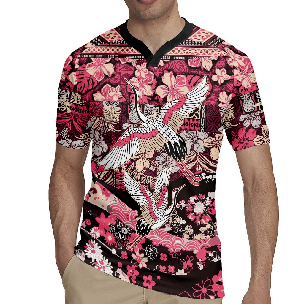 Japanese Hawaiian Crane Rugby Jersey Soft Pink Tapa Patchwork Pattern LT9