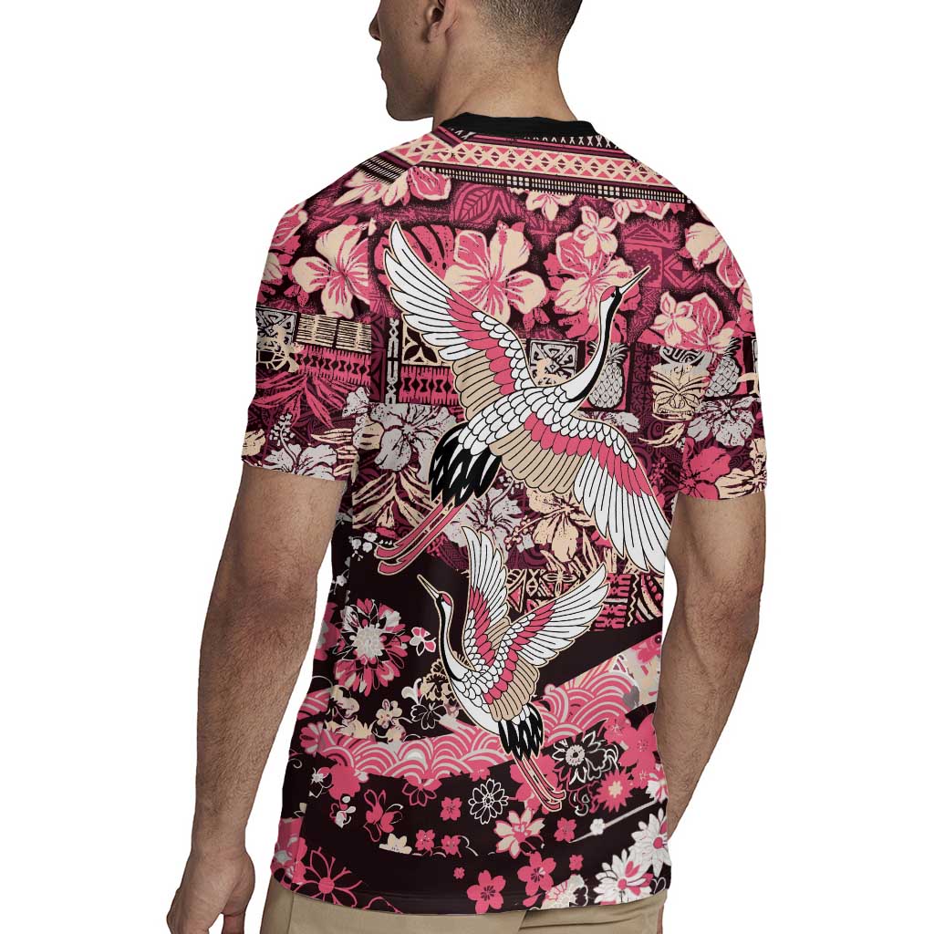 Japanese Hawaiian Crane Rugby Jersey Soft Pink Tapa Patchwork Pattern LT9