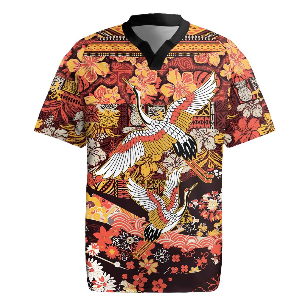 Japanese Hawaiian Crane Rugby Jersey Yellow Ochre Tapa Patchwork Pattern LT9