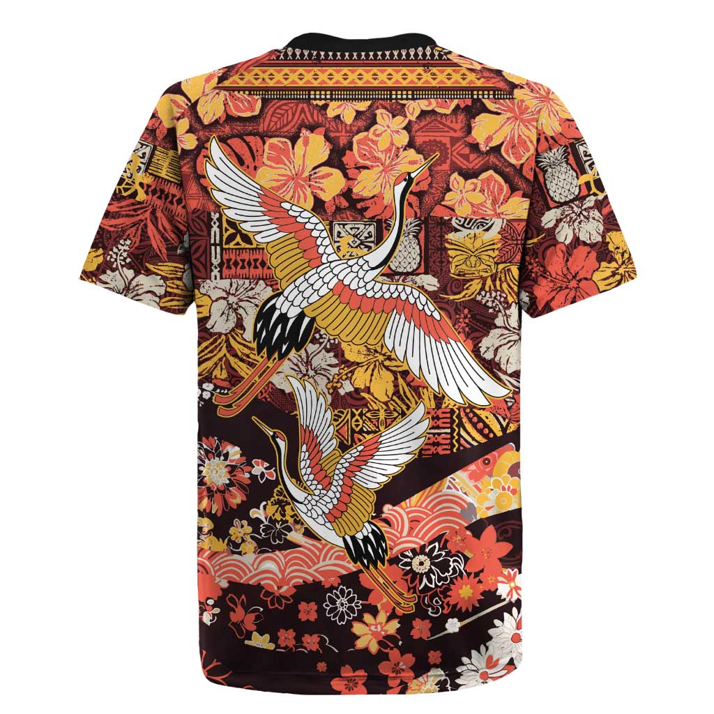 Japanese Hawaiian Crane Rugby Jersey Yellow Ochre Tapa Patchwork Pattern LT9