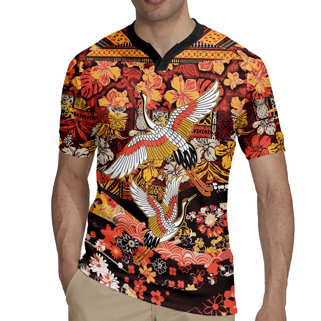 Japanese Hawaiian Crane Rugby Jersey Yellow Ochre Tapa Patchwork Pattern LT9
