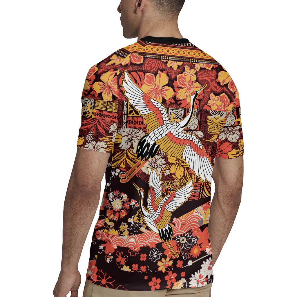 Japanese Hawaiian Crane Rugby Jersey Yellow Ochre Tapa Patchwork Pattern LT9
