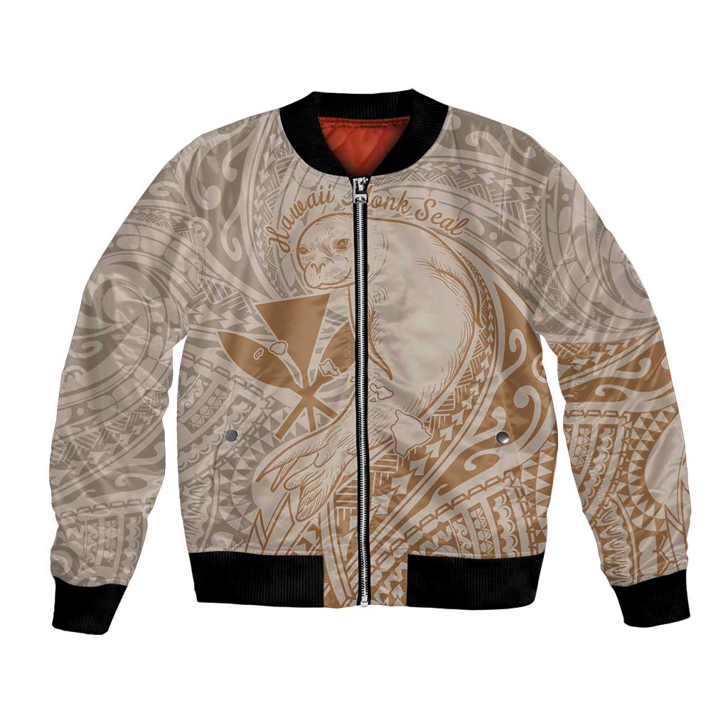 Hawaii Monk Seal and Map Bomber Jacket Polynesian Kanaka Maoli Beige Vibe LT9