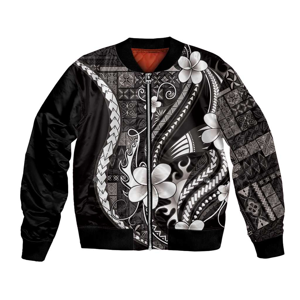 Samoa Siapo Tribal Pattern Bomber Jacket Black Polynesian Plumeria Tapa Motif LT9