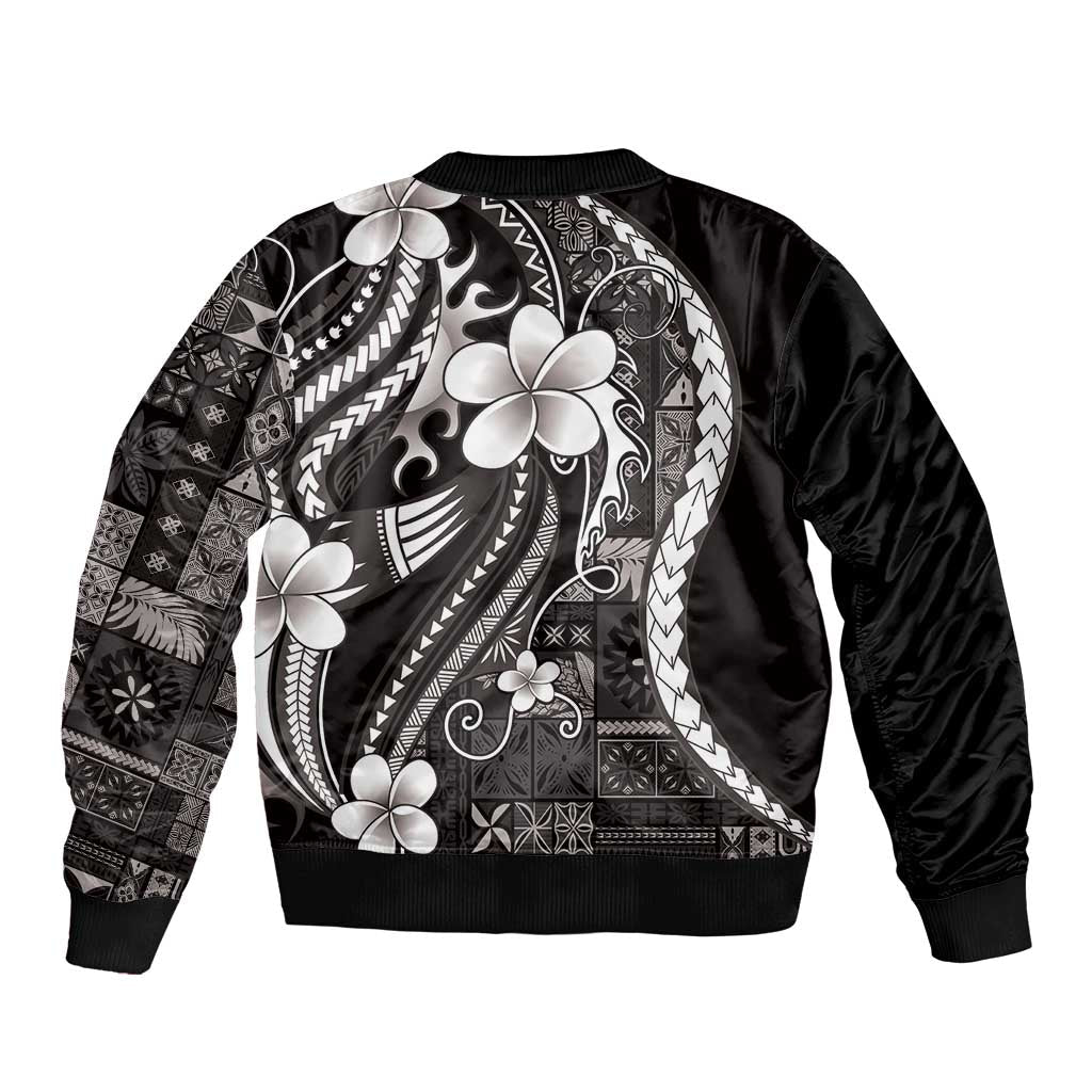 Samoa Siapo Tribal Pattern Bomber Jacket Black Polynesian Plumeria Tapa Motif LT9