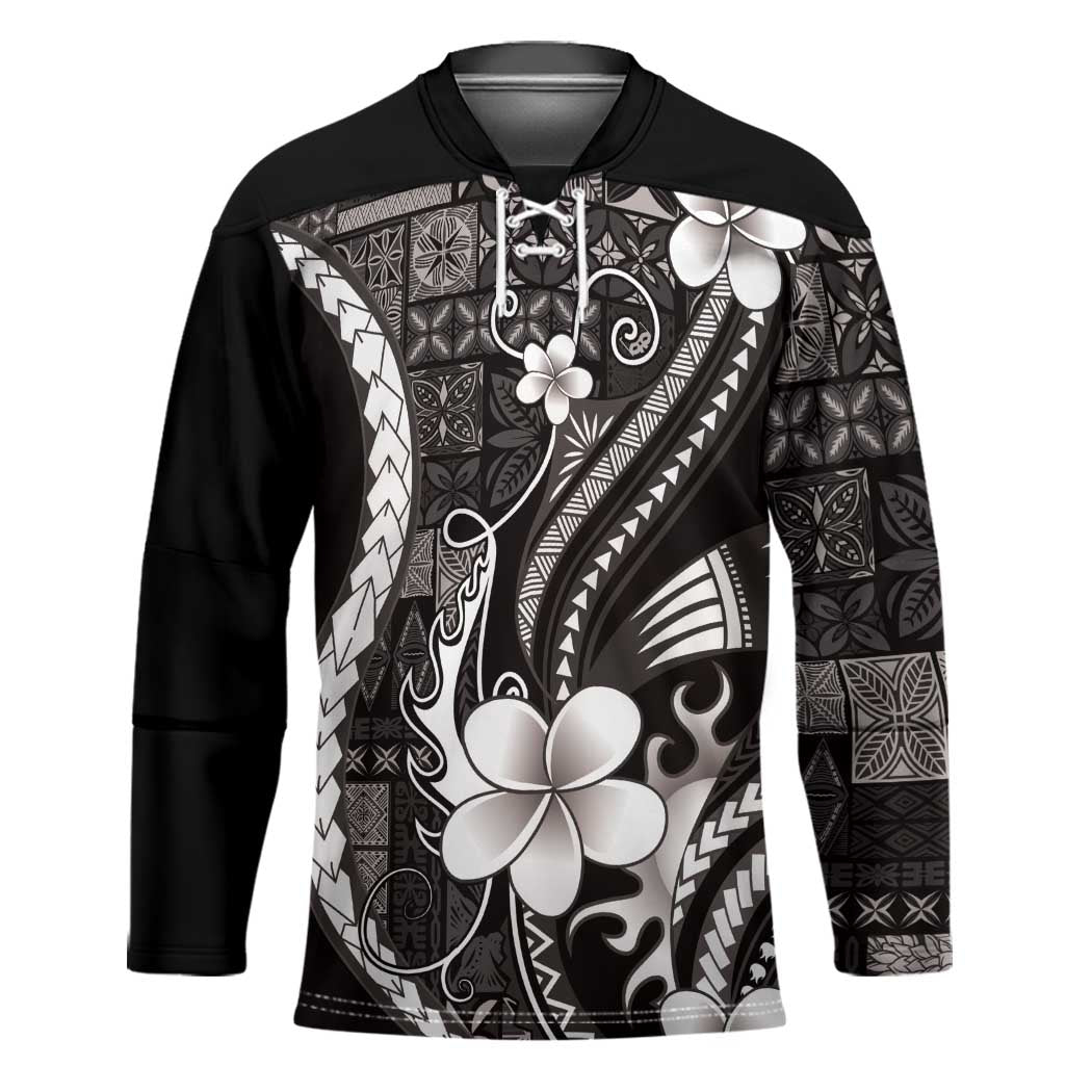 Samoa Siapo Tribal Pattern Hockey Jersey Black Polynesian Plumeria Tapa Motif LT9
